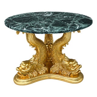 Rare Italian Dolphin Table, Circa 1910–1930, Restored Gold Leaf & Original Green Marble For Sale
