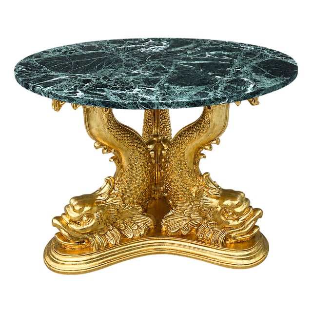 Rare Italian Dolphin Table, Circa 1910–1930, Restored Gold Leaf & Original Green Marble For Sale