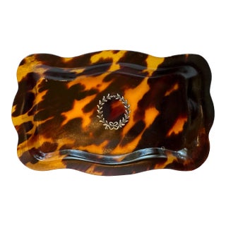 Mid-Century Faux Tortoise Shell Lucite & Sterling Silver Inset Tray, Styled After Christian Dior For Sale
