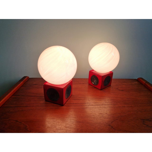 Pair of 1970s bedside lamps in "fat lava" red ceramic with a white opaline glass shade. Excellent condition. Compatible...