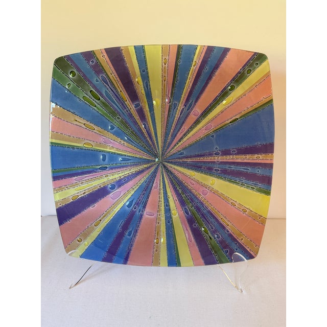 Vintage Michael & Frances Higgins Fused Glass Platter or Decorative Plate in a Sunburst Pattern of Blues, Greens, Yellows...