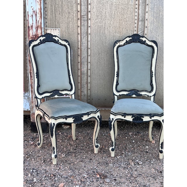 Pair of Early 20th Century Handpainted French Napoleon III Style Painted Side Chairs With New Velvet Upholstery For Sale - Image 9 of 11