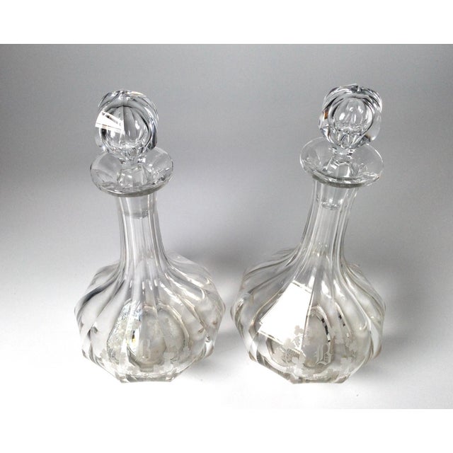 American 1900s Panel Cut and Engraved Decanters - a Pair For Sale - Image 3 of 9