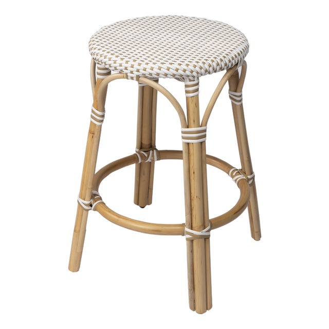 Tobias 24 in. Seat Height Round Rattan Backless Counter Stool, White/Tan Dot / Natural Rattan Frame For Sale