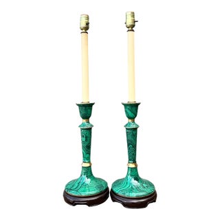 Vintage Green Lacquered Candlestick Table Lamps - Pair For Sale