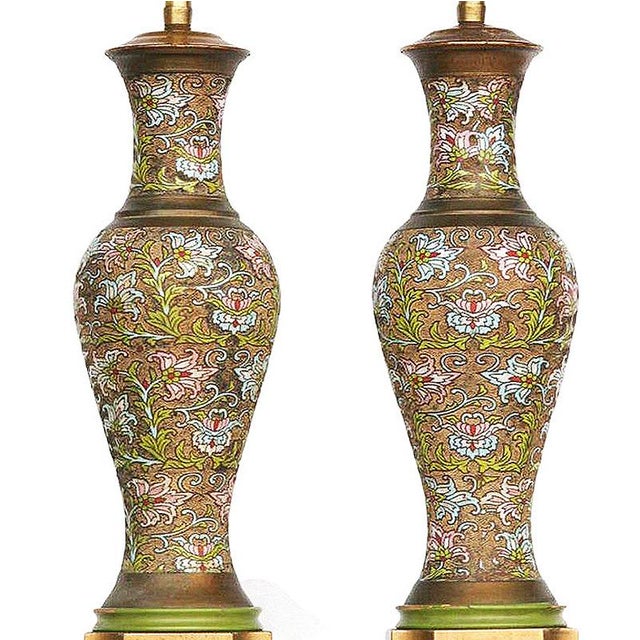 Arts & Craft Chinese Bronze Cloisonné Enamel Vase Lamp by Mimi London, Pair For Sale - Image 4 of 6