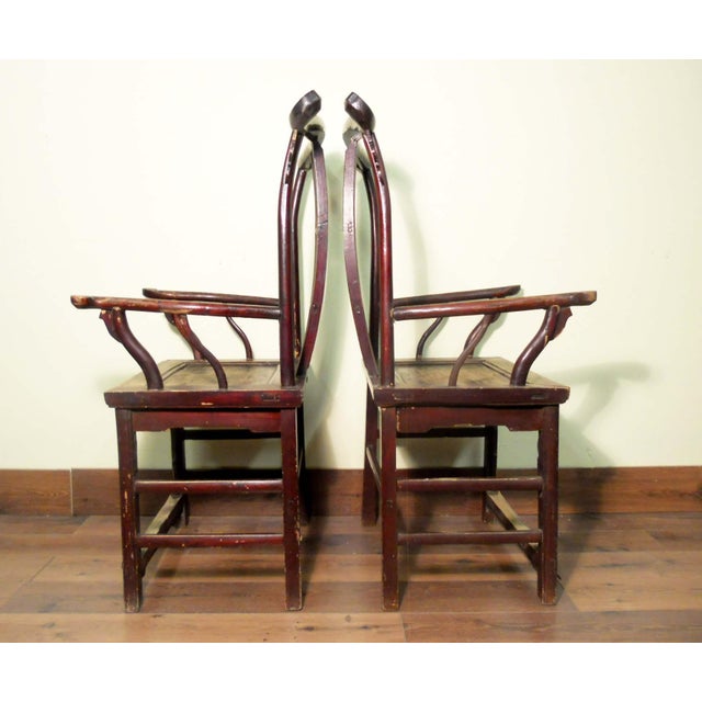 Maroon Antique Circa 1800-1849 Chinese High Back Arm Chairs- a Pair For Sale - Image 8 of 12