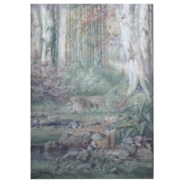 Late 19th Century Henri Langerock Belgium Watercolor 'Prowling Lion in the Jungle' For Sale - Image 5 of 5