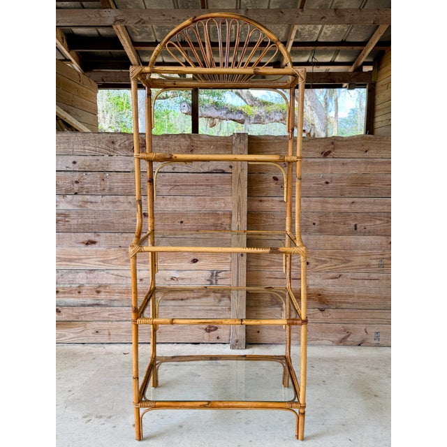 Vintage Boho Coastal Rattan Étagère With Fan Top and Glass Shelves For Sale - Image 12 of 12