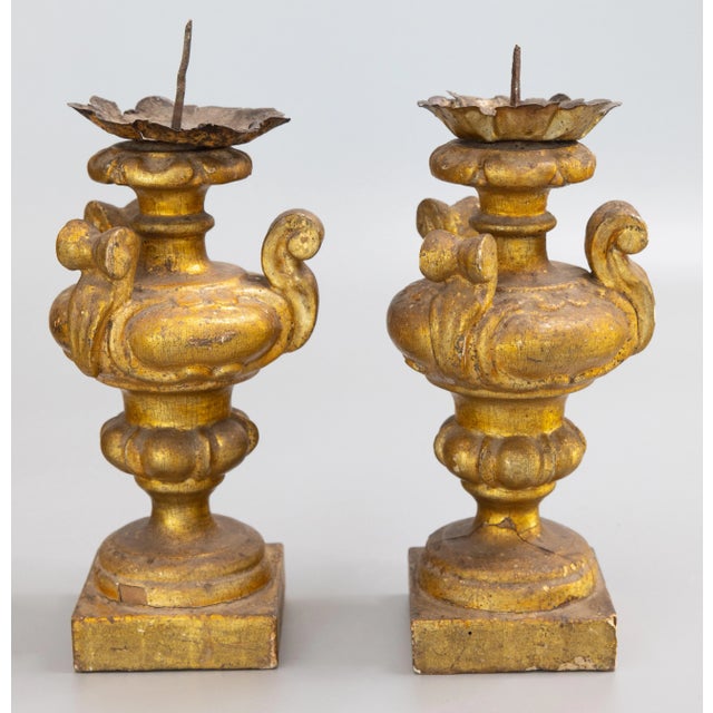 18th Century Neoclassical Italian Giltwood Urns Pricket Candlesticks - a Pair For Sale - Image 4 of 11