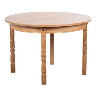 Vintage Brutalist Round Oak Dining Table with Extensions by Henning Kjærnulf, 1960s For Sale