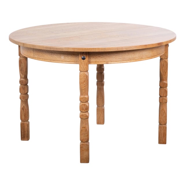 Vintage Brutalist Round Oak Dining Table with Extensions by Henning Kjærnulf, 1960s For Sale