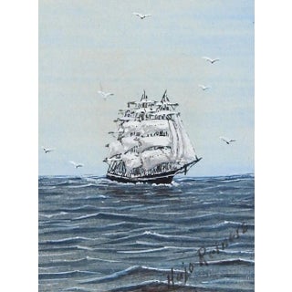 Tiny Vintage Sailing Clipper Ship Watercolor Painting For Sale