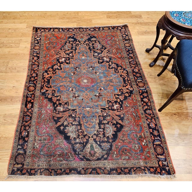 19th Century 19th Century Farahan Rug, Hand-Knotted Wool, Floral Medallion Design, Blue & Red, 4x6 For Sale - Image 5 of 18
