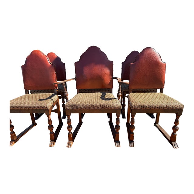 1940s Set of 6 Spanish Revival Dining Chairs Including One Armchair (Host Chair) For Sale