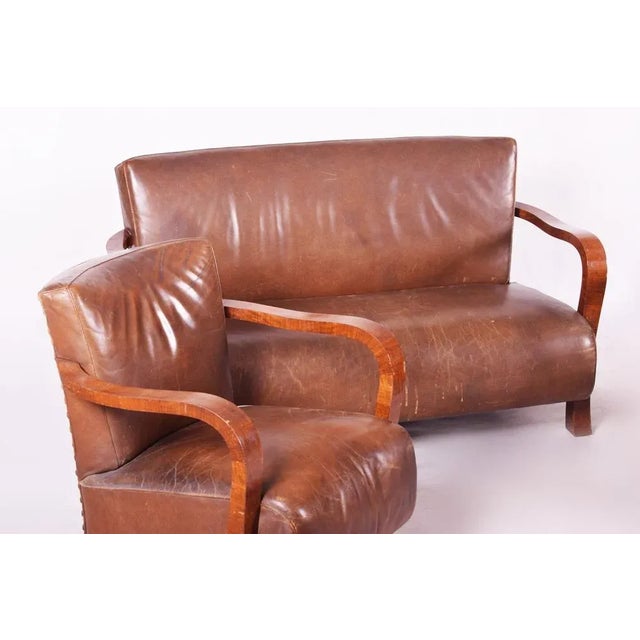 Animal Skin Vintage Art Deco Lounge Set in Walnut and Leather, 1930s, Set of 3 For Sale - Image 7 of 11