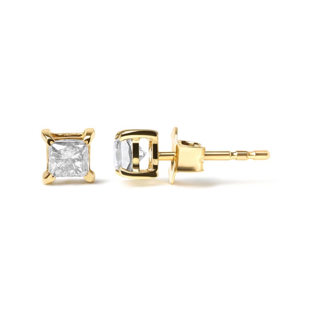 Contemporary 14K Yellow Gold 5/8 Cttw Princess Natural Brown Color Diamond 4-Prong Stud Earrings (Brown Color, VS2-SI1 Clarity) For Sale - Image 3 of 6