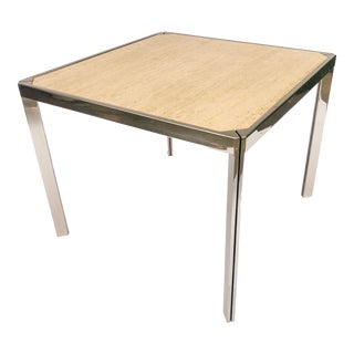 1970s Mid Century Square Travertine Marble and Nickel Dining Table or Game Table Baughman Style For Sale