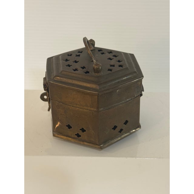 Early 20th Century Vintage Hand-Hammered Brass Hexagonal Incense Censer Box For Sale - Image 5 of 12
