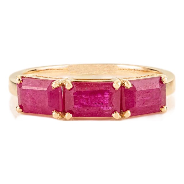 2.14 Carat Natural Ruby Three-Stone Band Ring for Her in 14k Solid Gold Size 7 For Sale