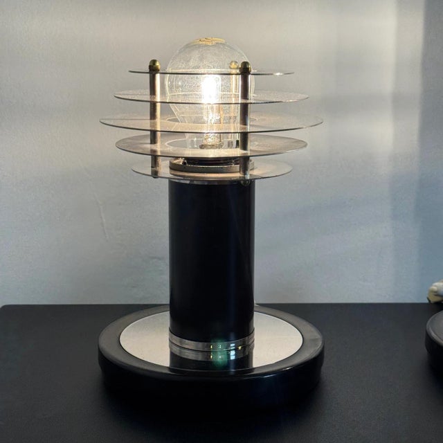 Saturn Style Table Lamps in Chromed Steel with Disc Shade, Set of 2 For Sale - Image 4 of 15