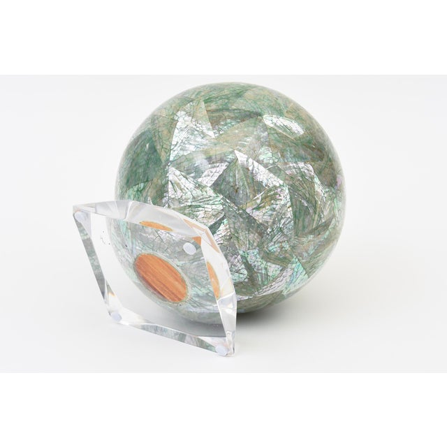 Los Castillo Vintage Mother of Pearl Over Wood Sphere Orb Sculpture on Lucite Base, 1970's For Sale - Image 4 of 10