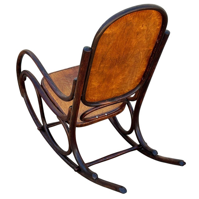 1900 - 1909 Late Victorian Oak Scrolling Rocking Chair W/ Art Nouveau Branded Seat, Fischel For Sale - Image 5 of 8
