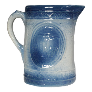 Blue & White Antique 19th Century Stoneware Jug With Embossed Cows