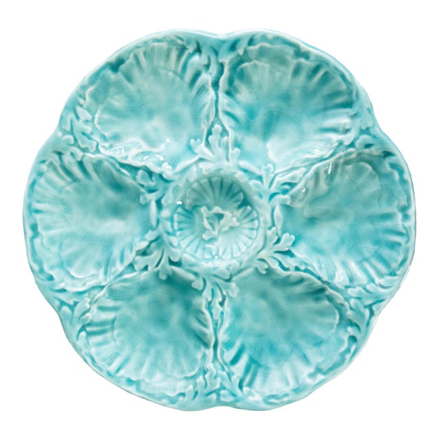 French Gien Turquoise Majolica Oyster Plate For Sale