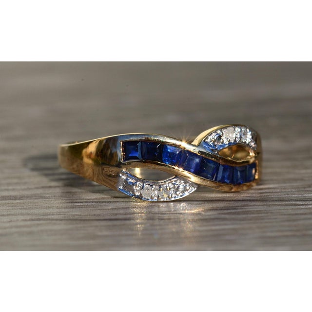 Metal The Lobelville: Ladies Yellow Gold Diamond and Sapphire Crossover Ring For Sale - Image 7 of 10