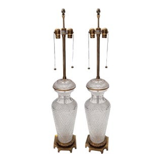 Pair of Marbro Lamp Co Baccarat Crystal & Gilt Bronze Urn Form Table Lamps For Sale