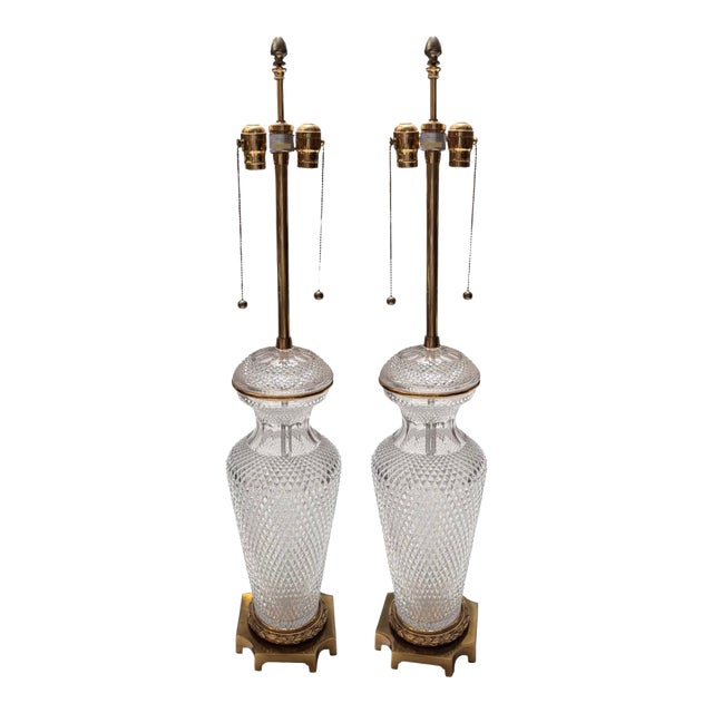 Pair of Marbro Lamp Co Baccarat Crystal & Gilt Bronze Urn Form Table Lamps For Sale