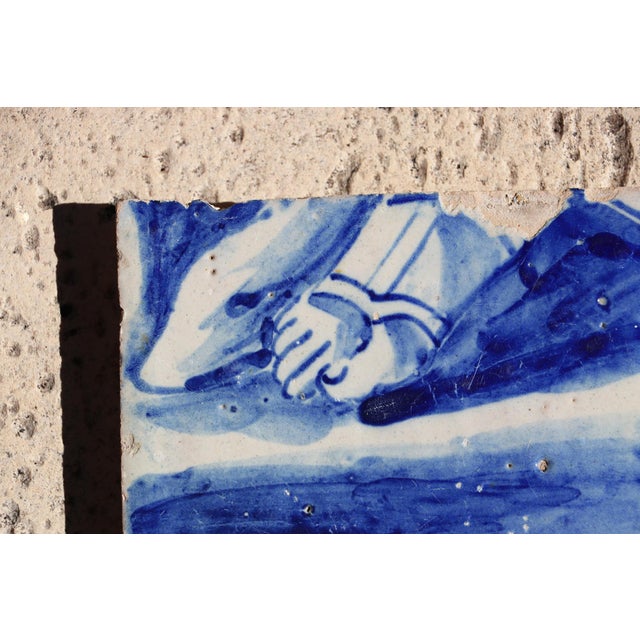 Antique 18th Century Blue and White Portuguese Tile Depicting a Foot on a Baroque Sandal For Sale - Image 4 of 9