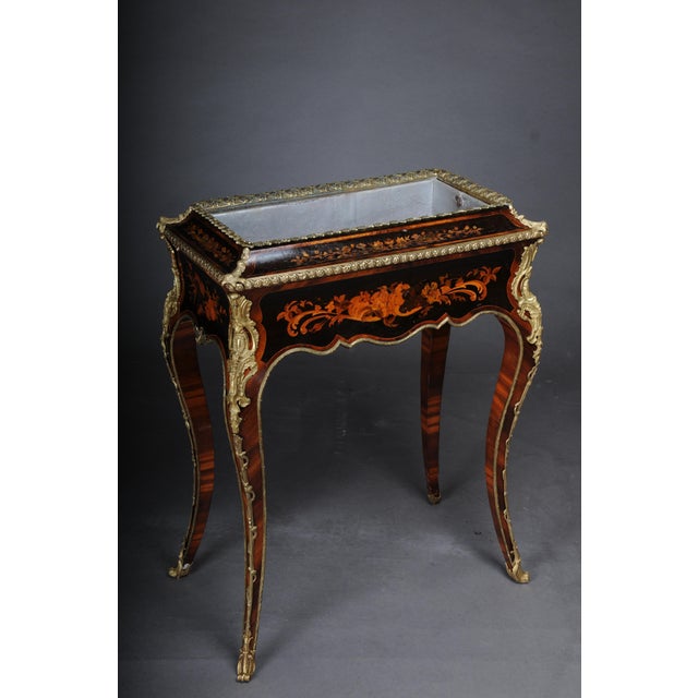 Antique rare Jardiniere side table Napoleon III Solid wood with the finest tulip veneer and inlaid marquetry. Partially...