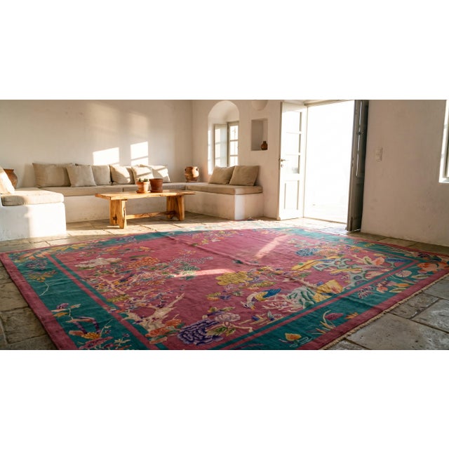 1920s Pink Floral Modern Antique Chinese Art Deco Rug 9' X 11'8" Handknotted Wool Carpet For Sale - Image 15 of 15