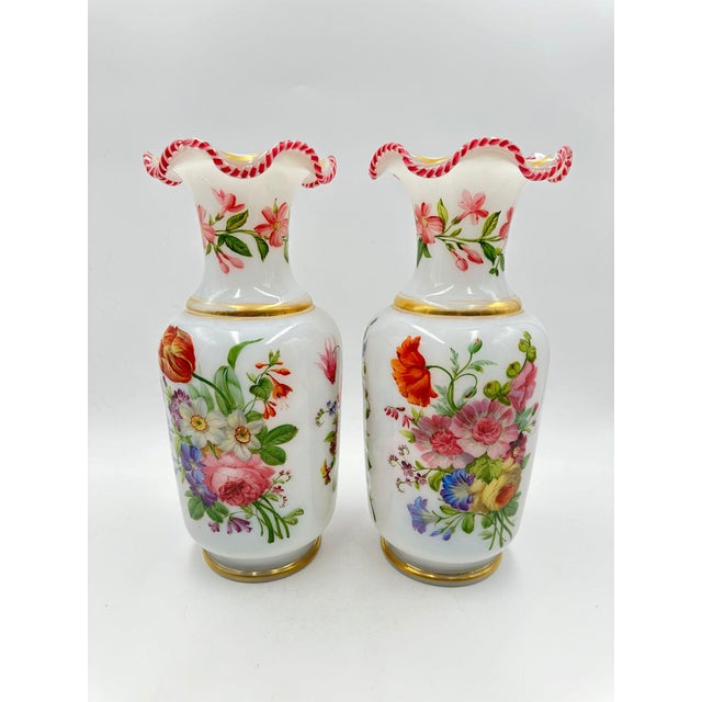 Large Baccarat Opaline Vases with Floral Decoration attributed to Jean-François Robert, 1845 For Sale - Image 9 of 9