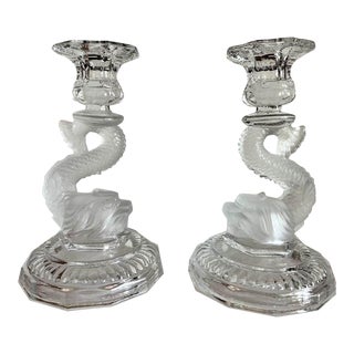 French Art Deco Art Glass Koi / Dolphin / Fish Formed Candle Holders Attrib. Baccarat a - Pair For Sale