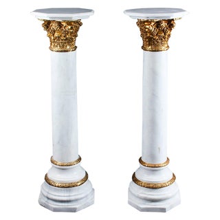 20th Century White Marble & Ormolu Mounted Pedestals, Set of 2 For Sale