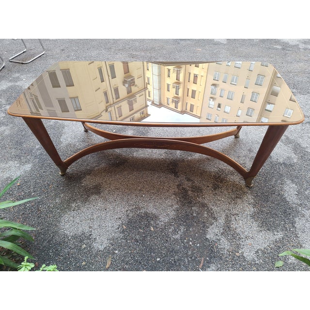 Wooden Palazzi Dell'Arte Esposizione Dining Table with Brass Ends and Burgundy Glass from La Permanente Mobili Cantù, 1950s For Sale - Image 10 of 16
