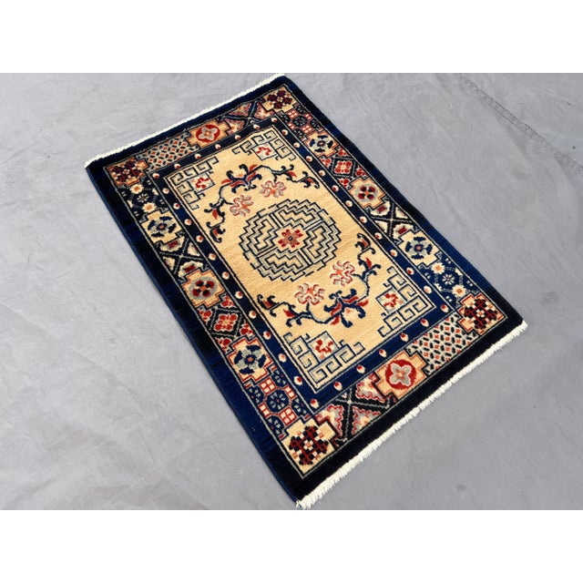 Textile Vintage Chinese Hand-Knotted Wool Rug Art Deco Medallion Design in Navy and Cream Rug For Sale - Image 7 of 10