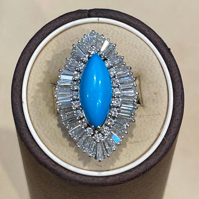 Vintage Natural Marquise Sleeping Beauty Ring Turquoise With Diamonds, Platinum For Sale - Image 4 of 18