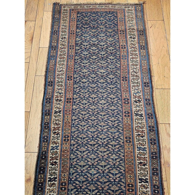 Vintage Persian Kurdish Runner Rug, Hand-Knotted Wool, All-Over Paisley Pattern, Blue & Green, 3x15 For Sale - Image 11 of 17