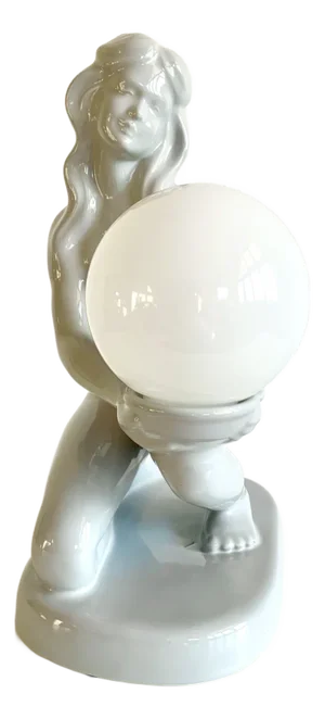 Vintage Porcelain Table Lamp with Globe Opaline Glass Shade, 1980s