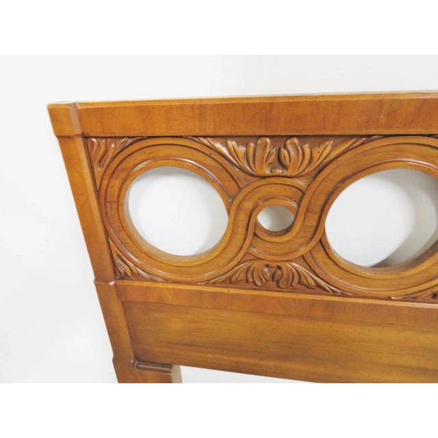 Henredon fruitwood head board, full size, carved rind design with carved leaf accents.