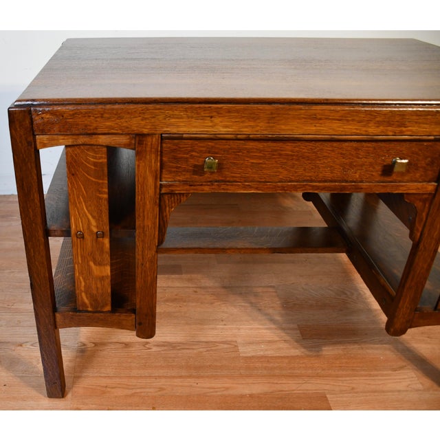 1900s Antique Mission Arts & Crafts Solid Tiger Oak Office Desk / Writing Desk For Sale - Image 6 of 16
