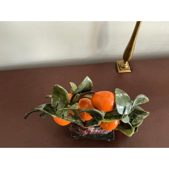 Lovely, vintage Chinese, jade and glass mandarin, orange bonsai tree sculpture. The bright orange fruit is made from...