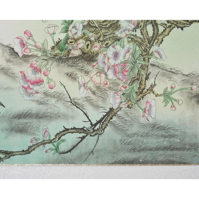 20th C. Chinese Export Pair of Peacocks and Flowers Painting For Sale - Image 12 of 18