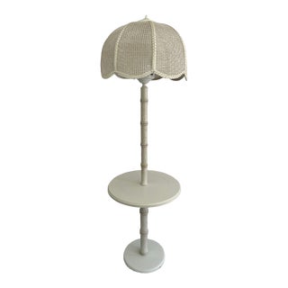 Mid 20th Century Art Deco Faux Bamboo Floor Table Lamp With Woven Cane Shade For Sale