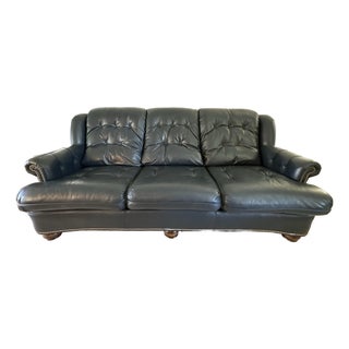 Vintage Navy Blue Leather Regency Sofa | Tufted Curved Front, Brass Nailhead Trim For Sale