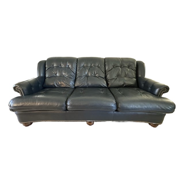 Vintage Navy Blue Leather Regency Sofa | Tufted Curved Front, Brass Nailhead Trim For Sale
